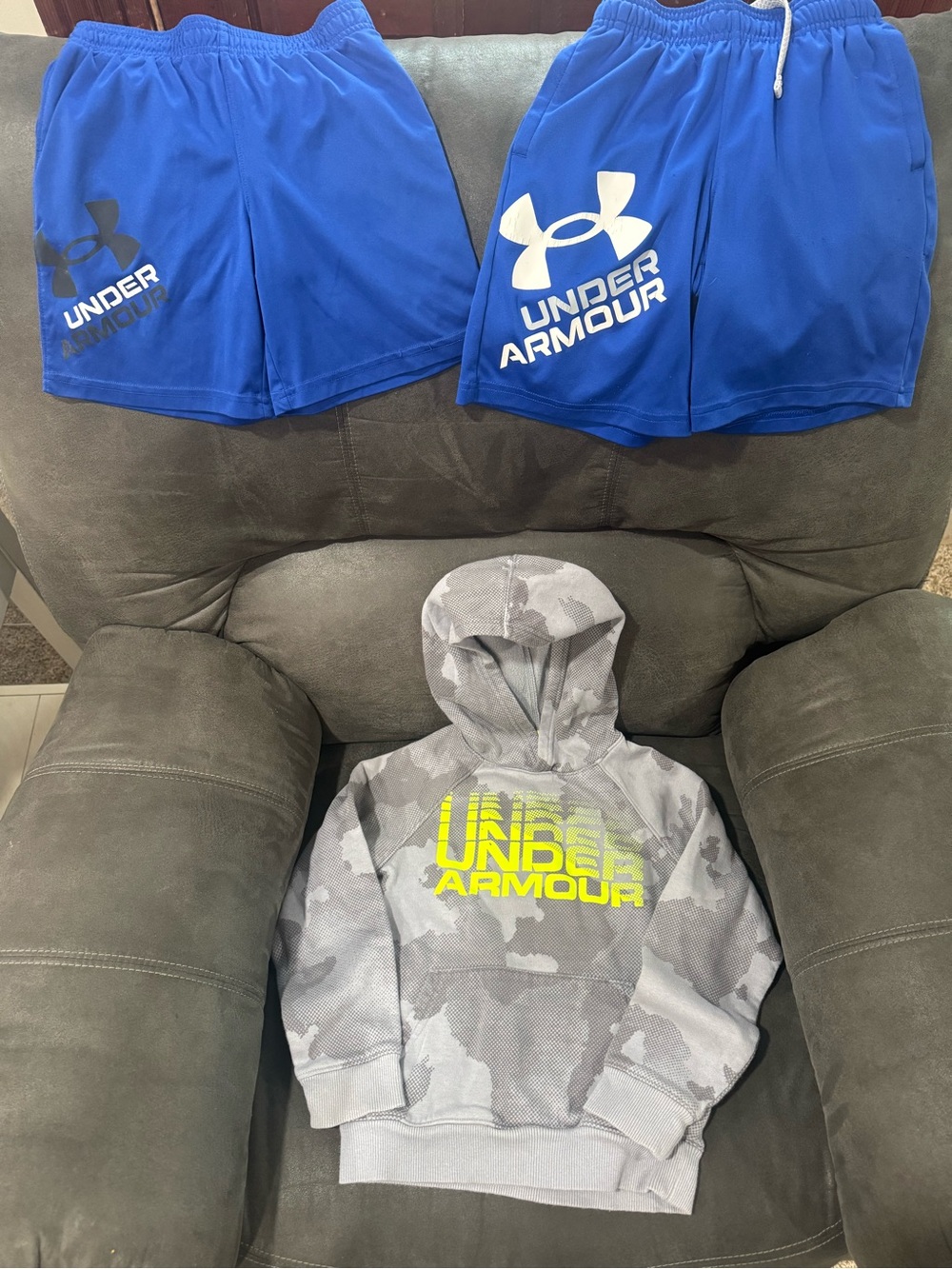 Under Armour Boys Blue Athletic Shorts & Gray Camo Hoodie